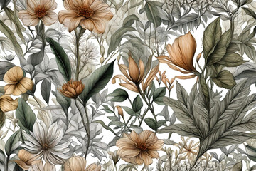 meticulous hand drawn botanical Art, beautiful and naturalistic style pattern, wallpaper, packaging pattern,influced by modern illustration, similar to design