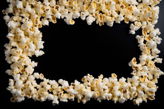 dense frame of popcorn kernels creating an artistic border around a black central void