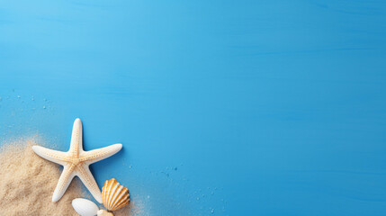 Fototapeta na wymiar Starfish with sand on blue background Summer background