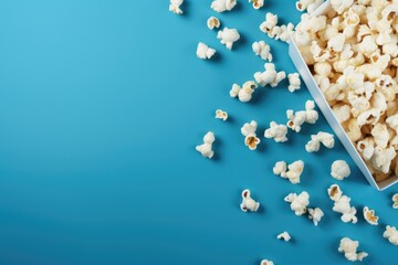 white bucket spilling over with popcorn, kernels scattered across a blue background