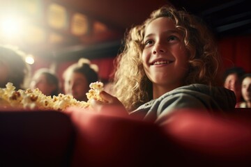 child's beaming face captures the excitement of watching a movie while enjoying a classic snack of popcorn