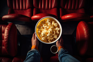 cinematic moment captured from above, with a viewer holding a bowl of popcorn in a theater setting, ready for the film to start - obrazy, fototapety, plakaty