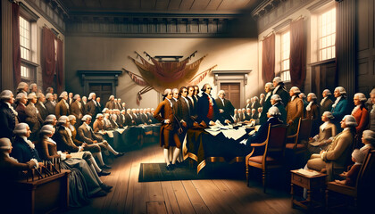 AI generated image realistically portrays the signing of the Declaration of Independence, capturing a diverse group of historical figures in 18th-century attire