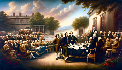 AI generated image creatively reimagines the signing of the Declaration of Independence in an outdoor setting. Historical figures in 18th-century attire are gathered around a large table in a garden