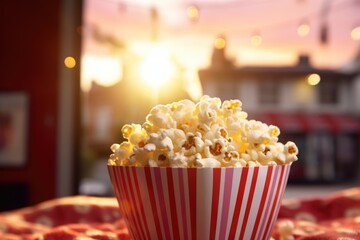 Warm sunlight bathes a bowl of fresh popcorn, evoking cozy movie nights and vibrant premieres