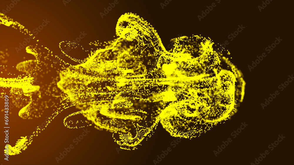 Poster yellow fluid particle dots are flowing. glowing fluid particles flowing with a dark background. yell