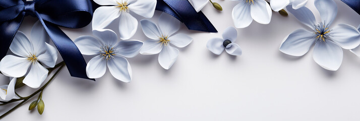 Flowers and silk navy ribbon on white panoramic background. Flat lay top view composition with copy space for banner card wedding - obrazy, fototapety, plakaty
