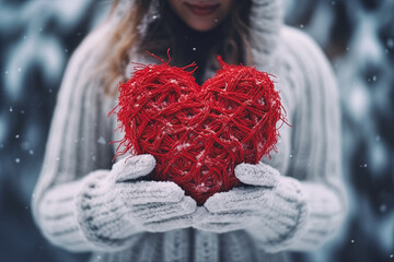 mujer joven sosteniendo un corazón de lana rojo entre sus manos, vistiendo ropa de invierno, sobre fondo de bosque nevando , concepto San Valentín 