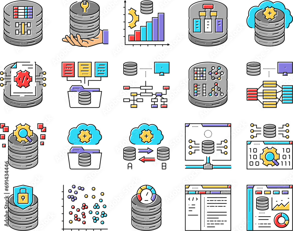 Aufkleber database administrator server icons set vector. technology business, laptop computer, cloud system, 