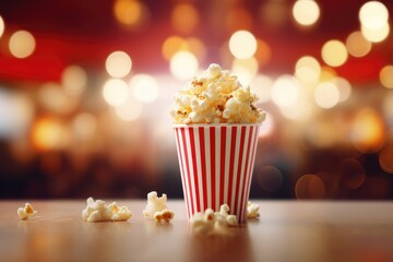 striped red and white popcorn cup overflows with popped kernels, with a blurred theater and bokeh light background - obrazy, fototapety, plakaty