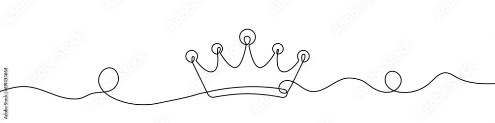 Poster crown linear background. one continuous line drawing of crown.