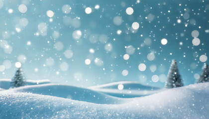 Abstract winter wonderland Christmas background with blue sky, bokeh fairy lights in a snow landscape. ai generated.