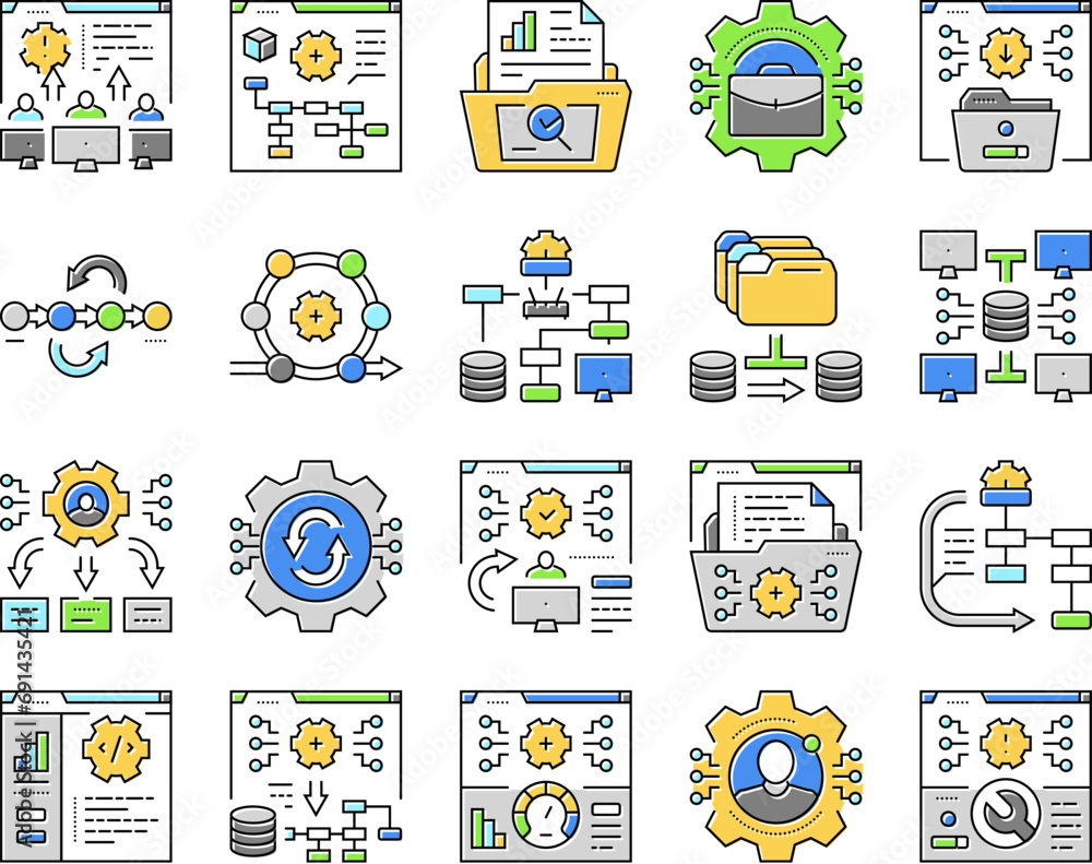 Poster system analyst data icons set vector. analysis business, computer digital, kpi information, manageme