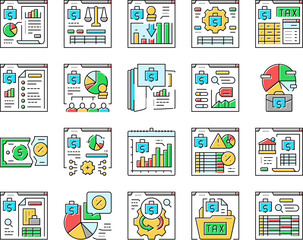 accountant tax office icons set vector. professional desk, woman business, computer invoice, budget account, finance, work accountant tax office color line illustrations