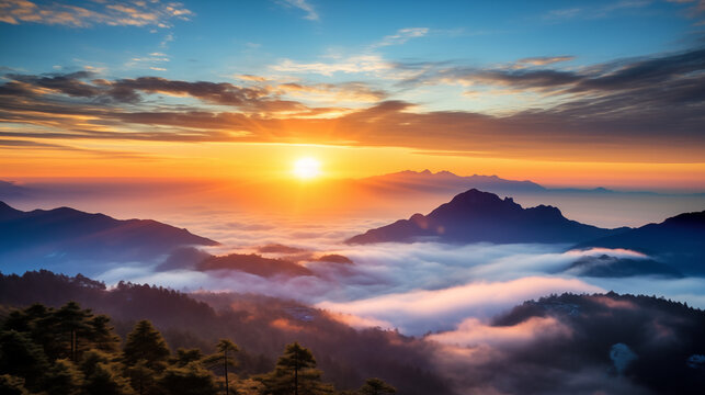 Panoramic Mountain Sunrise Shot. Generative AI.