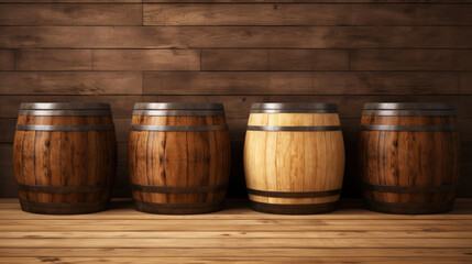 Four wooden barrels on wooden background in cellar of vinery. Generative AI