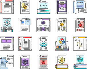 technical writer doc icons set vector. typewriter manual, old technical, paper hand, document vintage, guide, stroke technical writer doc color line illustrations