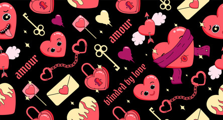 Valentine's Day seamless pattern with crazy heart characters, cupids, locks, keys, chains and gothic text, romantic retro banner, vector illustration.