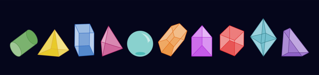 Set of various geometric shapes. Rhombus, cylinder, sphere, pyramid, cube, parallelepiped, prism. Isometric view. Hand drawn vector illustration isolated on black background. Modern flat cartoon style