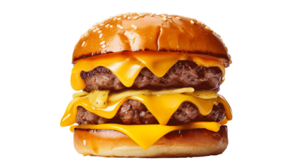 hamburger with cheddar cream and fresh and tasty brioche bun isolated on transparent or white background, png. Made with genreative ai