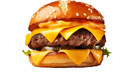 hamburger with cheddar cream and fresh and tasty brioche bun isolated on transparent or white background, png. Made with genreative ai