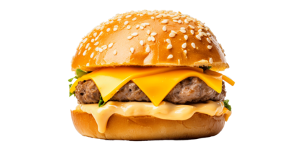 hamburger with cheddar cream and fresh and tasty brioche bun isolated on transparent or white background, png. Made with genreative ai