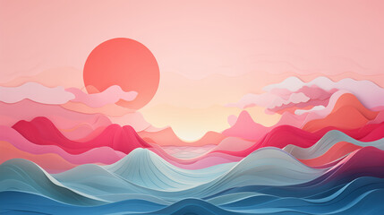 Sunset at the sea landscape scene made with paper, cut out picture pink sunset on a sea. Kids art work