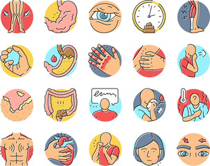 disease symptom health icons set vector. symptom hospital, man vaccine, safety caution, headache fatigue, ill, doctor disease symptom health color line illustrations