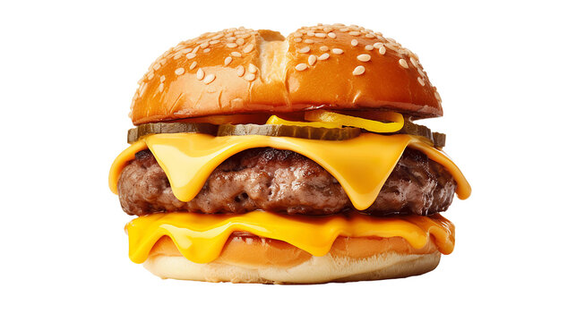 hamburger with cheddar cream and fresh and tasty brioche bun isolated on transparent or white background, png. Made with genreative ai