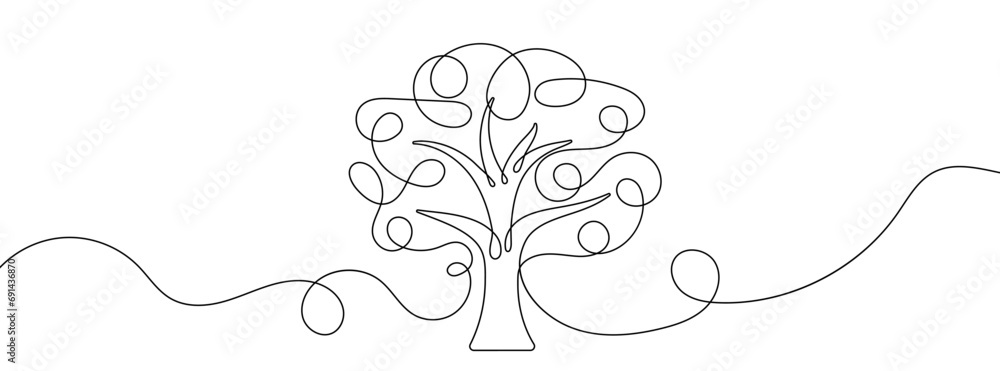 Poster continuous line drawing of tree. single line tree icon.