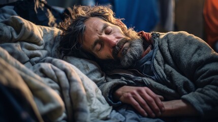Homeless man sleeps in the sleeping bag at the street