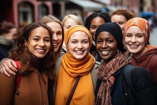 Multiethnic young women celebrating together International Women Day.