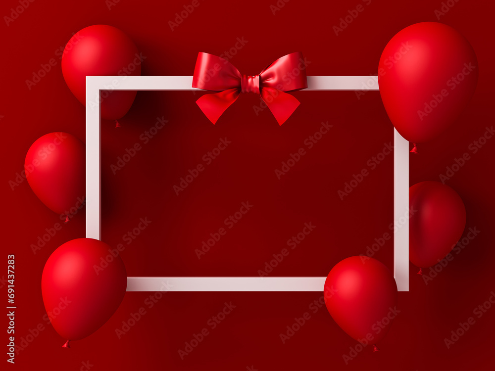 Poster Blank white gift box frame with red ribbon bow and floating red balloons over dark red wall background with shadows minimal concept 3D rendering
