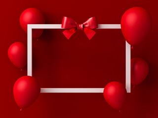Blank white gift box frame with red ribbon bow and floating red balloons over dark red wall background with shadows minimal concept 3D rendering