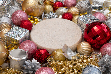 Podium with Christmas Decorations. Top View Empty Round Form Pedestal Display for Product Presentation. Xmas Ornaments Background Rotation. New Year Scene Showcase Backdrop. Shiny Bauble, Balls, Bulbs