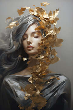  portrait of a woman with makeup with golden metallic foiling, ai 
