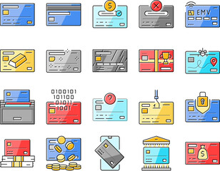 credit card bank payment money icons set vector. business finance, buy banking, debit pay, commercial plastic, purchase, shopping credit card bank payment money color line illustrations