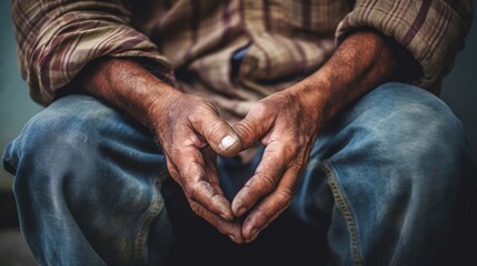 close-up of homeless man holding hands to get help. - obrazy, fototapety, plakaty