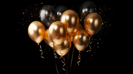 Golden party balloons isolated on black background