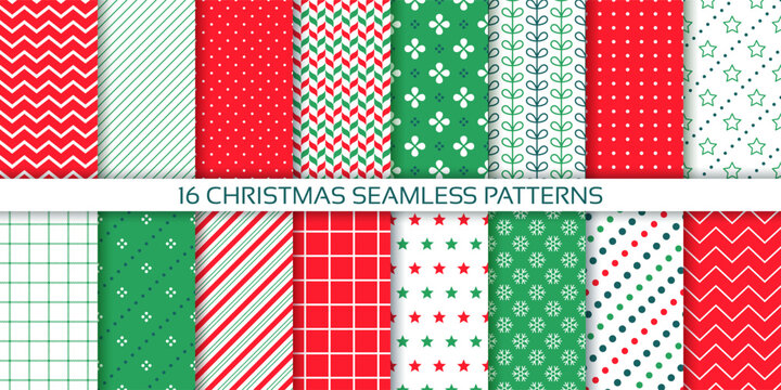 Christmas seamless background. Holiday patterns. Endless textures with stripes, star, zigzag, dots, check. Set red green Xmas design. Festive geometric prints for wrapping papers. Vector Illustration