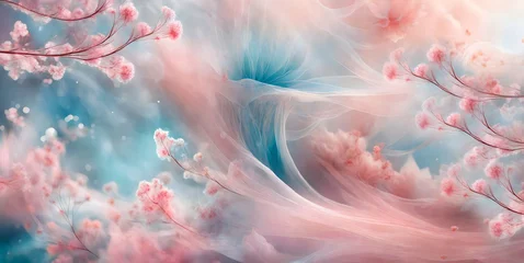 Tuinposter abstract ethereal artistic background with flowers in soft pastel colors blue and pink like floral spring and art concept © starblue