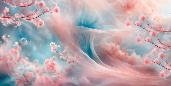 abstract ethereal artistic background with flowers in soft pastel colors blue and pink like floral spring and art concept