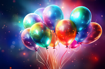 Birthday or anniversary party greeting card with full of colorful balloons with rainbow neon colors