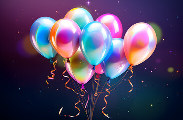 Birthday or anniversary party greeting card with full of colorful balloons with rainbow neon colors