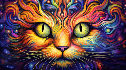 Vivid psychedelic cat face portrait with saturated multicolored fur captivating mystique and enchanting allure of feline beauty, cute cat face symbolizes expressive and mysterious nature of felines