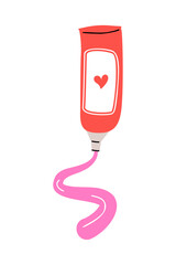 Pink facial cream with heart on white background. Beauty routine element. Valentine's day day skin care. Cream tube illustration isolated on white background.