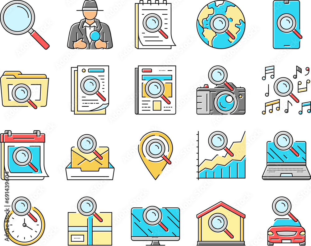 Poster search web website internet icons set vector. computer information, business technology, research in