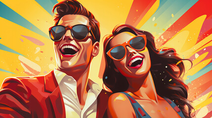 Fototapeta na wymiar Vibrant portrait in retro pop art style of laughing couple in sunglasses capturing playful comic book aesthetics, symbolizes enduring joy of togetherness adventures, vibrant vintage promotional poster