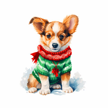 Puppy wearing a sweater with Christmas green and red motifs watercolor paint 