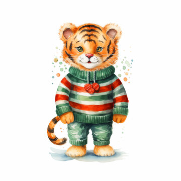 A Tiger wearing a sweater with Christmas green and red motifs watercolor paint